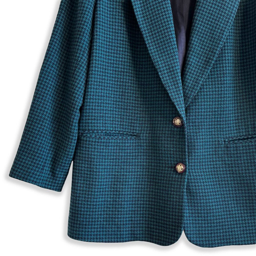 Vintage 70s Alfred Dunner Green Black Houndstooth Plaid Oversized Blazer - Picture 3 of 7